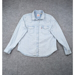 Levis Denim Pearl Snap Shirt Womens XL Western Rodeo Cowgirl Light Wash Yoke